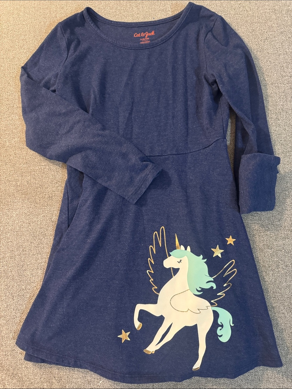 5/$15- Cat & Jack Navy Dress with Mint Unicorn & Gold Stars